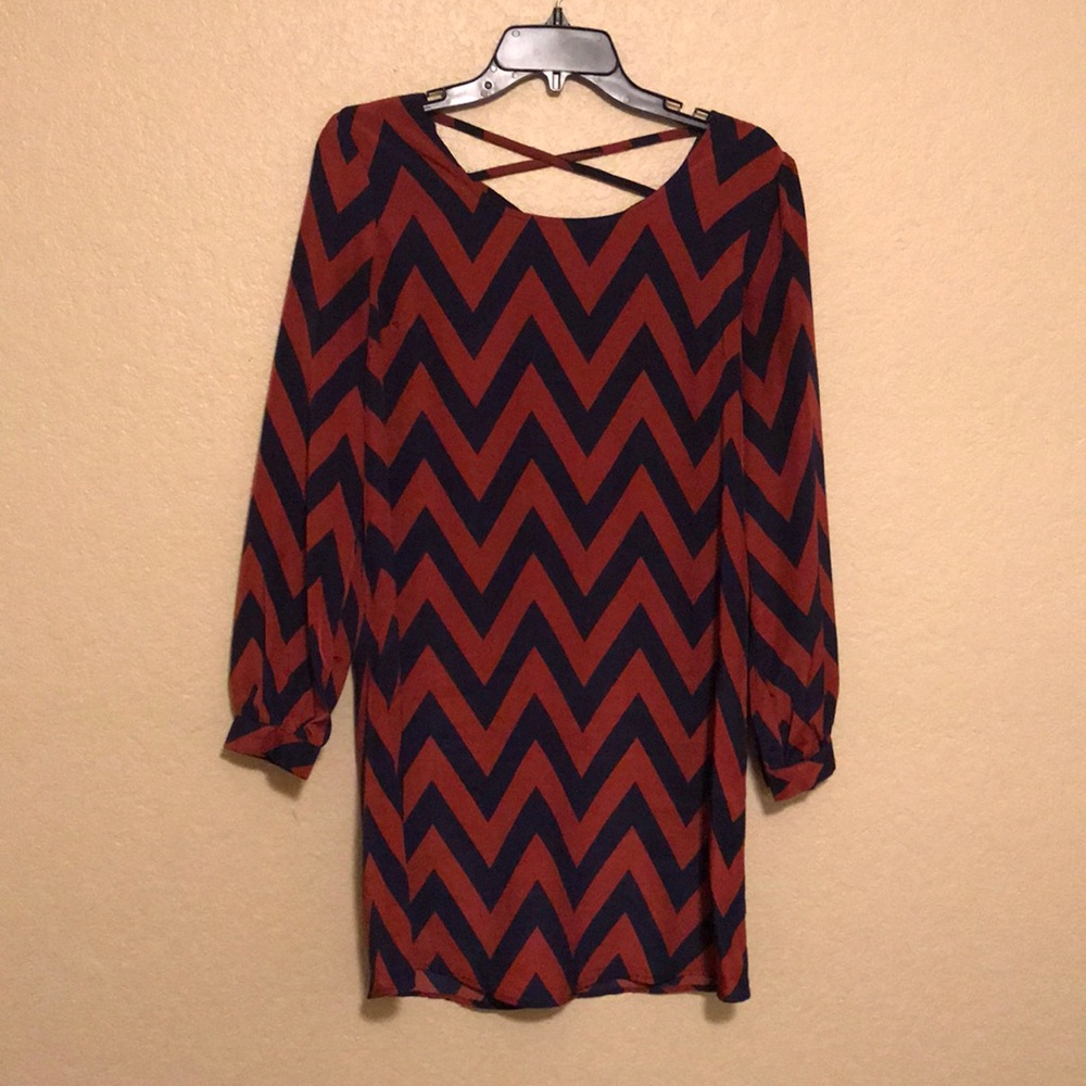 Chevron print burnt orange & navy blue lines dress